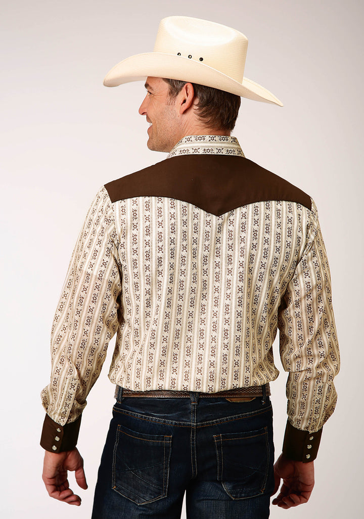 MENS LONG SLEEVE SNAP CREAM AND BROWN WALLPAPER STRIPE WESTERN SHIRT