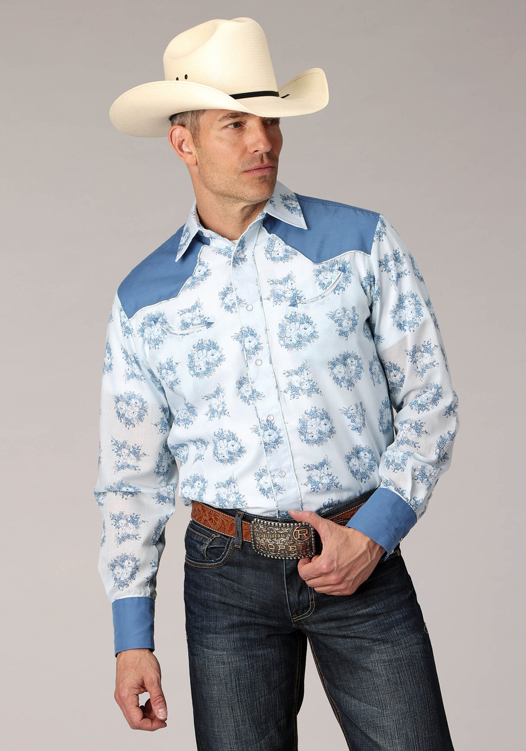 MENS MULIT BLUE FLORAL PRINT LONG SLEEVE SNAP WESTERN SHIRT