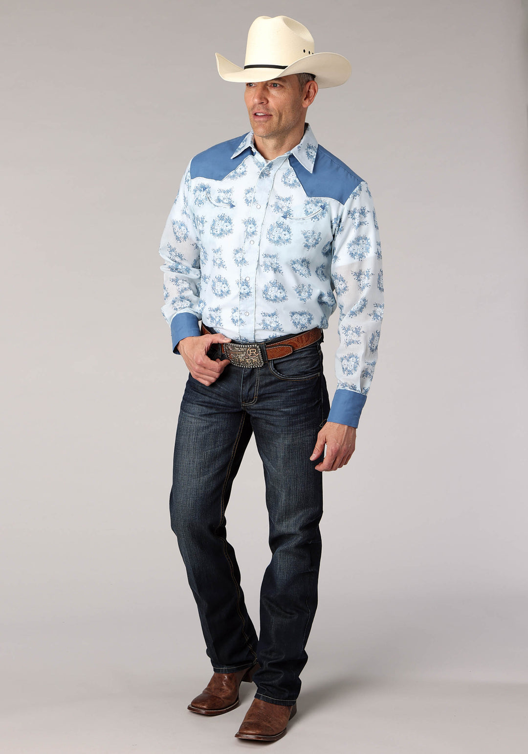 MENS MULIT BLUE FLORAL PRINT LONG SLEEVE SNAP WESTERN SHIRT