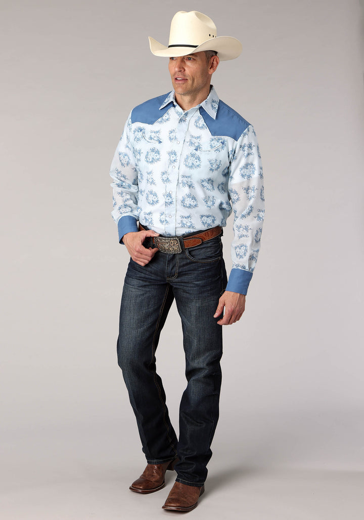MENS MULIT BLUE FLORAL PRINT LONG SLEEVE SNAP WESTERN SHIRT