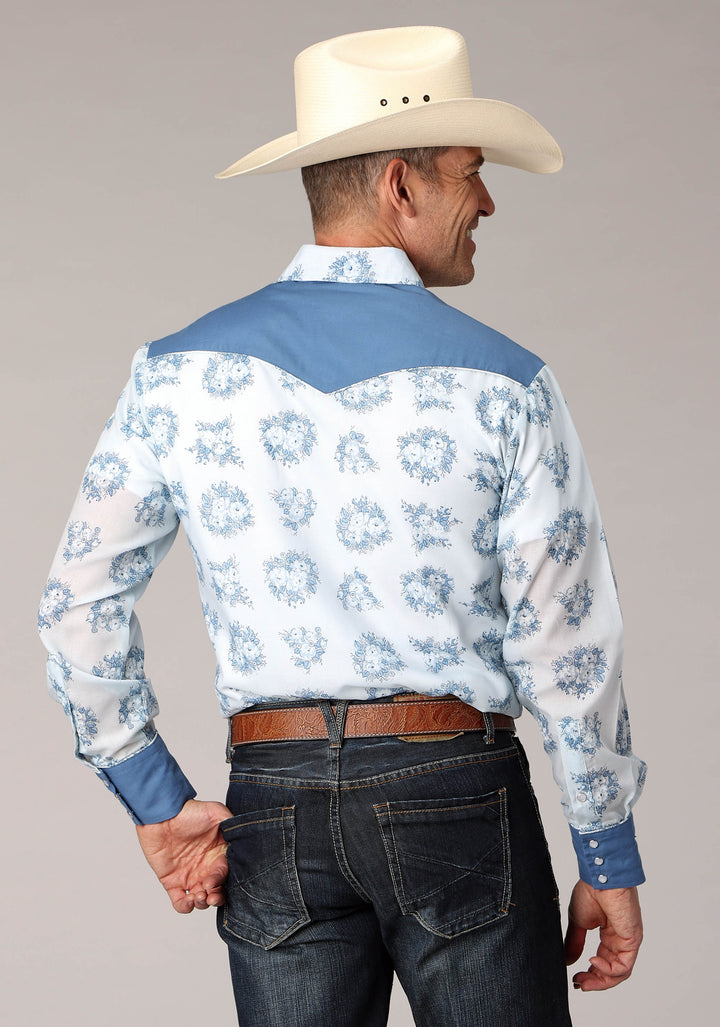 MENS MULIT BLUE FLORAL PRINT LONG SLEEVE SNAP WESTERN SHIRT
