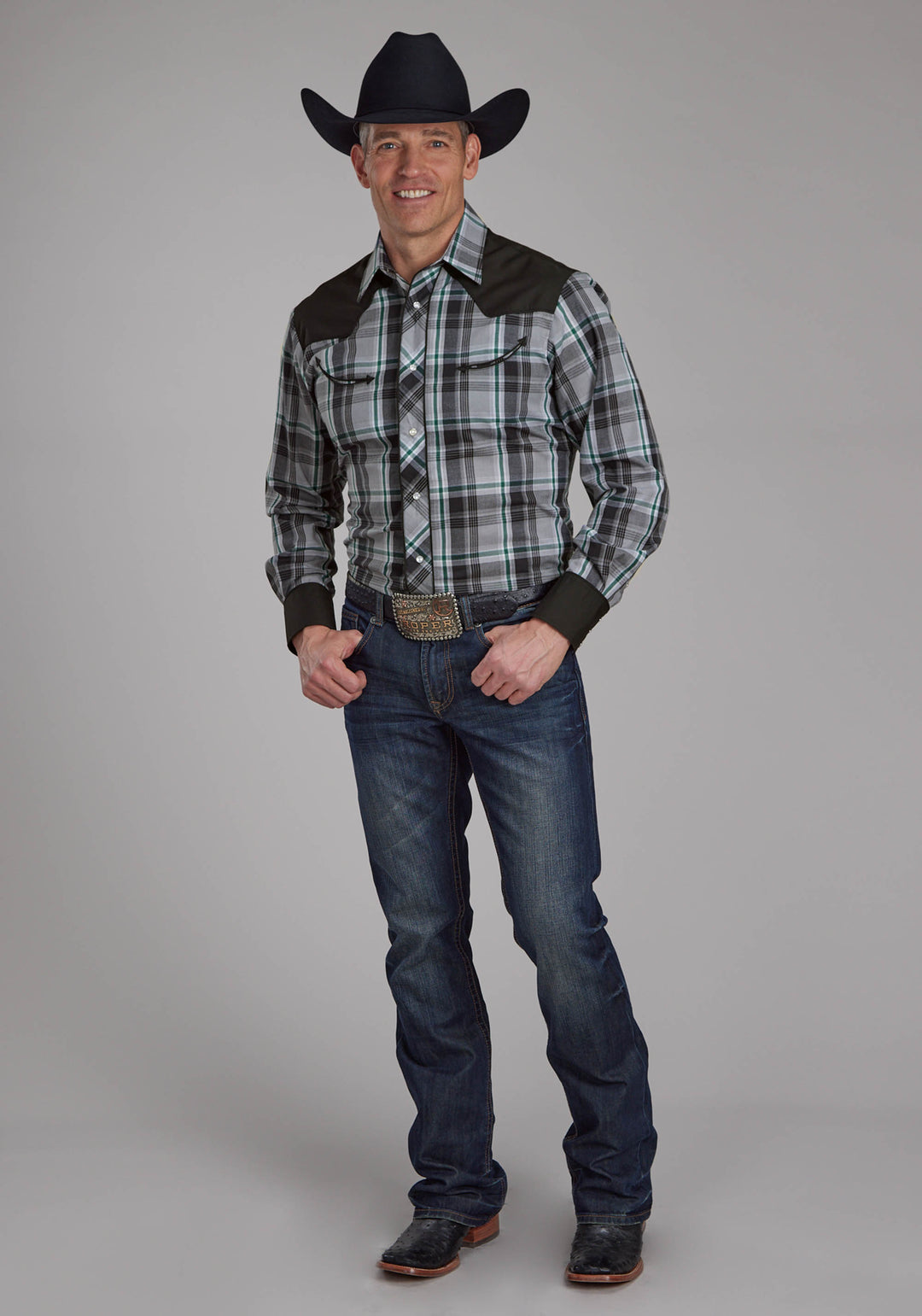 MENS GRAY BLACK AND WHITE PLAID LONG SLEEVE SNAP WESTERN SHIRT