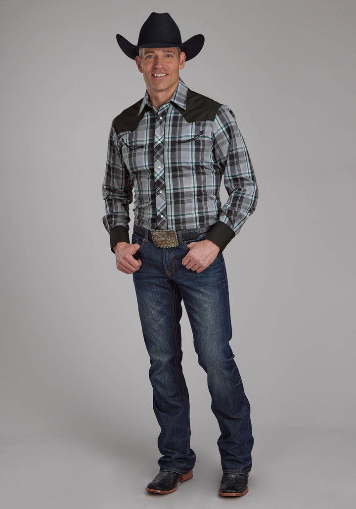 MENS GRAY BLACK AND WHITE PLAID LONG SLEEVE SNAP WESTERN SHIRT