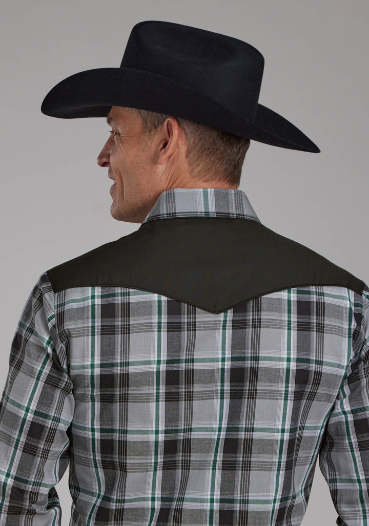 MENS GRAY BLACK AND WHITE PLAID LONG SLEEVE SNAP WESTERN SHIRT