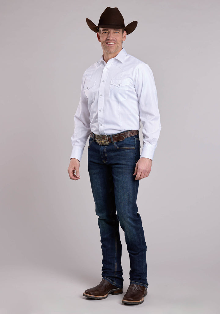 MENS LONG SLEEVE SNAP WHITE STRIPE TONE ON TONE WESTERN SHIRT