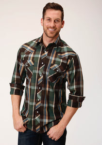 MENS LONG SLEEVE SNAP OLIVE  BROWN  AND TAN PLAID WESTERN SHIRT