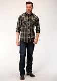 MENS LONG SLEEVE SNAP OLIVE  BROWN  AND TAN PLAID WESTERN SHIRT