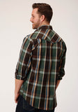 MENS LONG SLEEVE SNAP OLIVE  BROWN  AND TAN PLAID WESTERN SHIRT