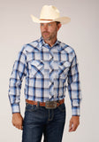 MENS LONG SLEEVE SNAP MULIT BLUE WHITE PLAID WESTERN SHIRT