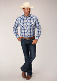 MENS LONG SLEEVE SNAP MULIT BLUE WHITE PLAID WESTERN SHIRT