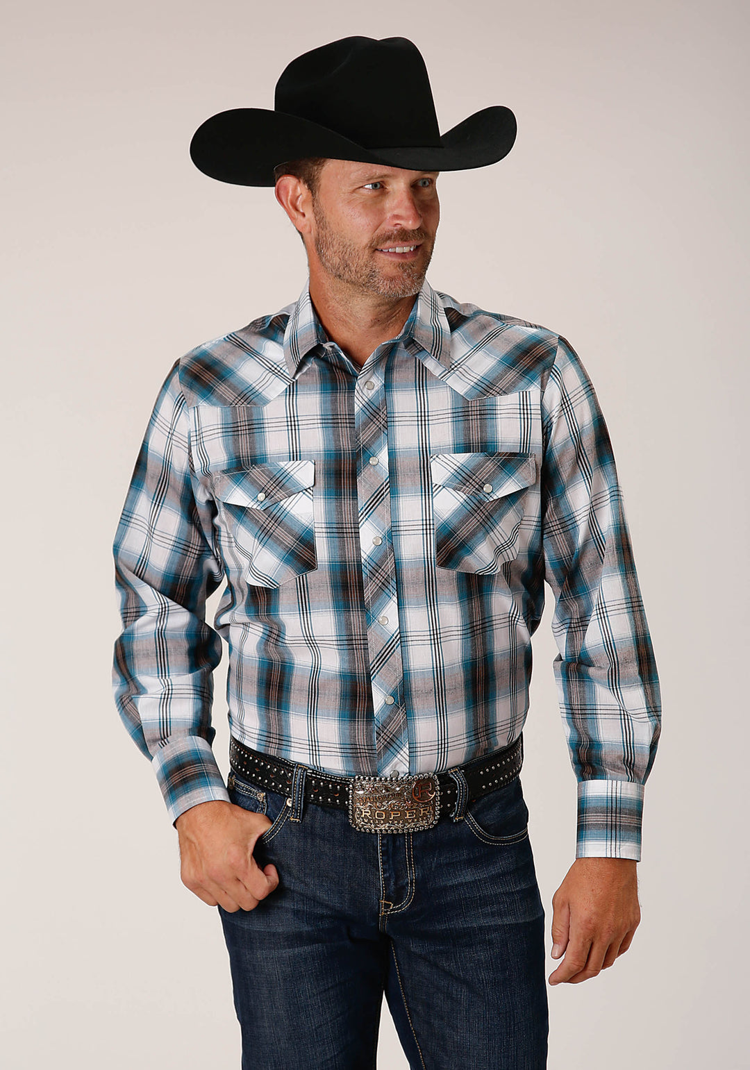 MENS LONG SLEEVE SNAP PEACOCK BLUE BROWN BLACK WHITE PLAID WESTERN SHIRT