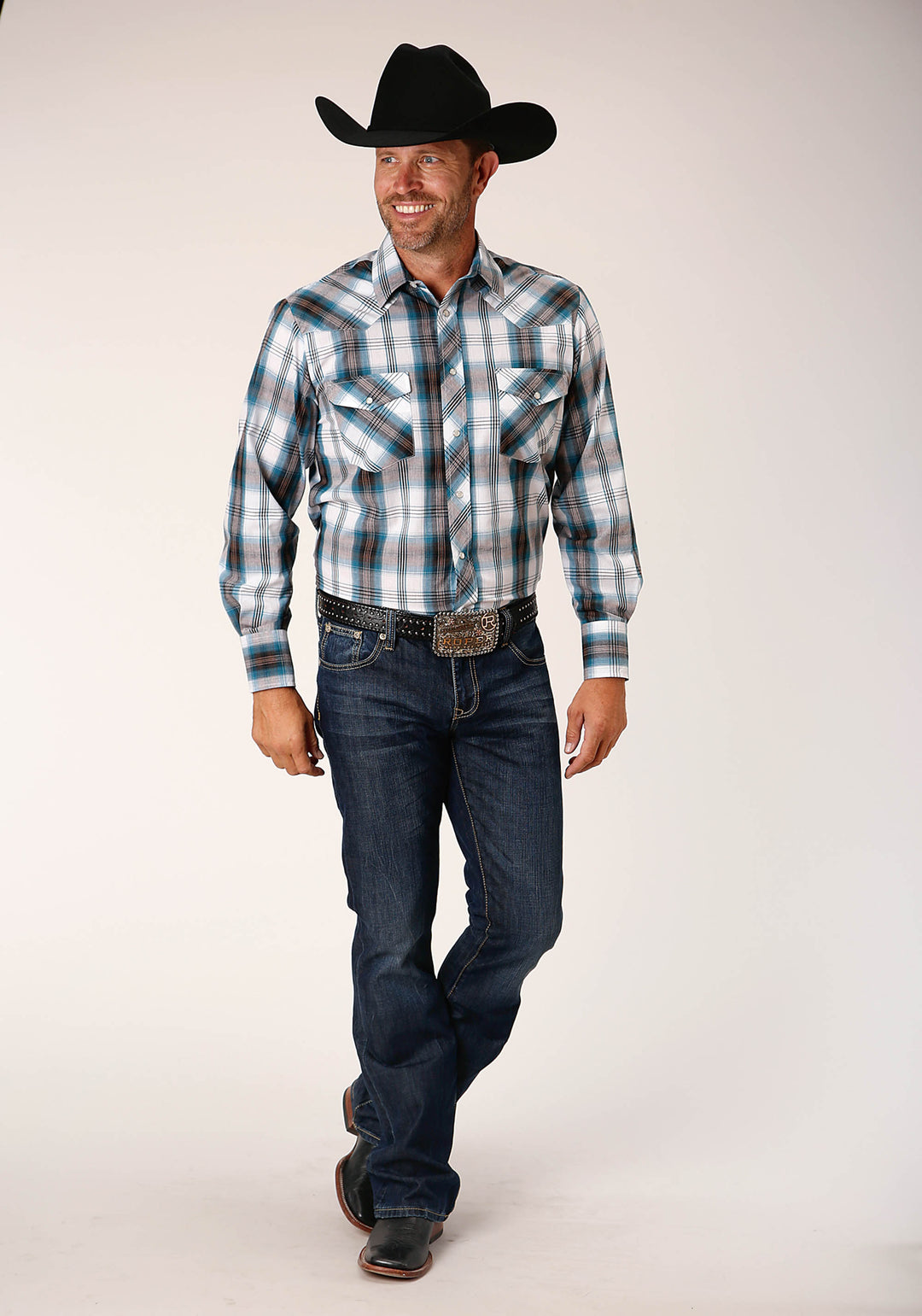 MENS LONG SLEEVE SNAP PEACOCK BLUE BROWN BLACK WHITE PLAID WESTERN SHIRT