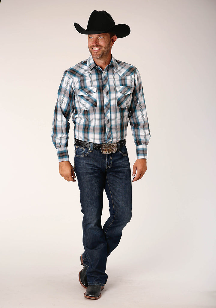 MENS LONG SLEEVE SNAP PEACOCK BLUE BROWN BLACK WHITE PLAID WESTERN SHIRT