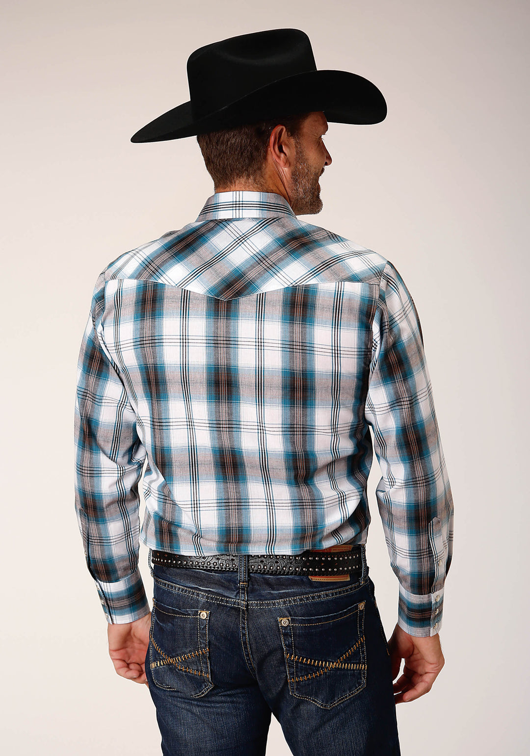 MENS LONG SLEEVE SNAP PEACOCK BLUE BROWN BLACK WHITE PLAID WESTERN SHIRT