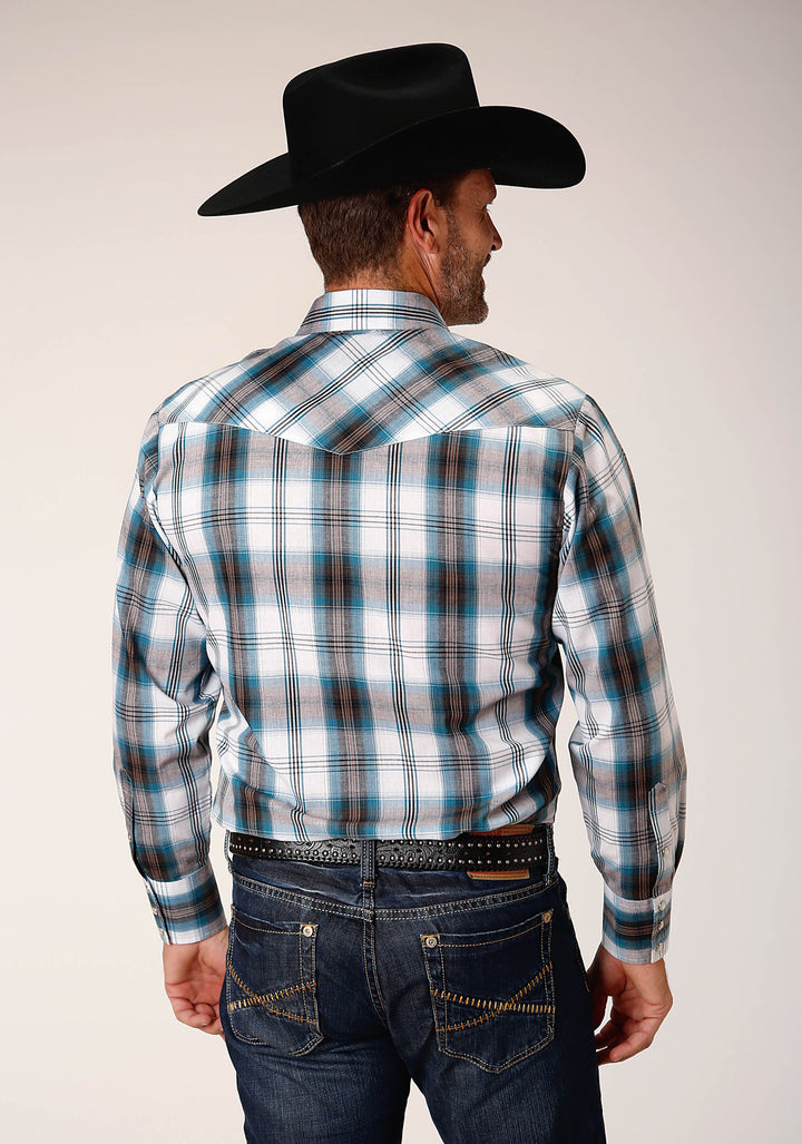 MENS LONG SLEEVE SNAP PEACOCK BLUE BROWN BLACK WHITE PLAID WESTERN SHIRT