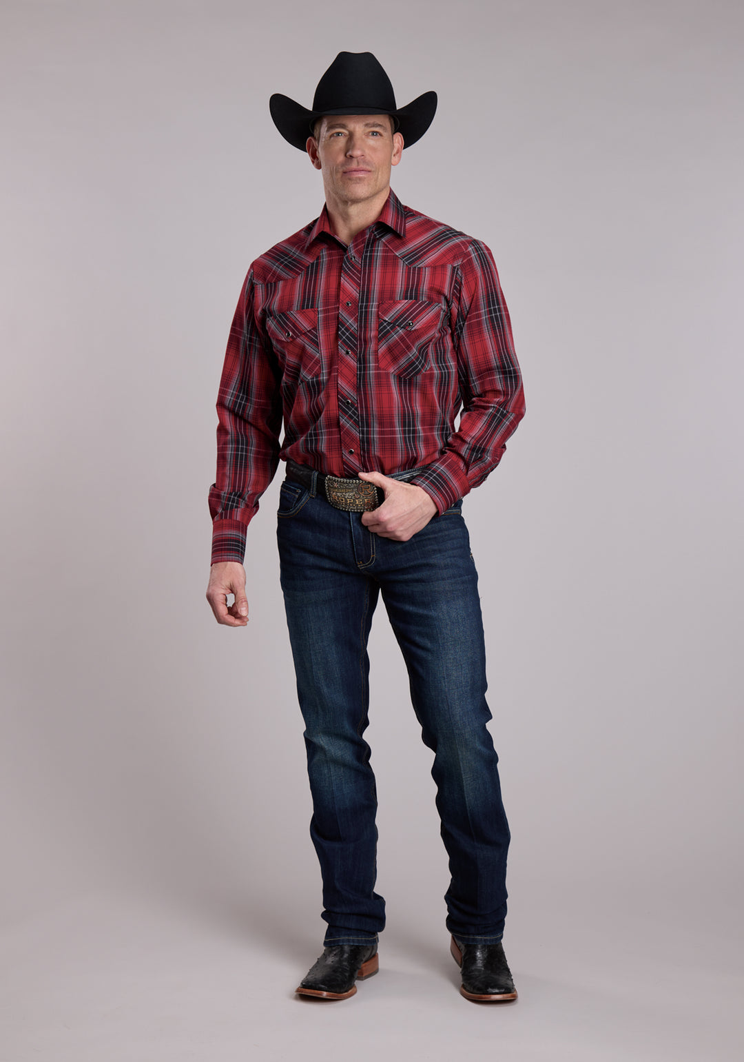 MENS ROPER RED AND BLACK PLAID WESTERN SNAP SHIRT