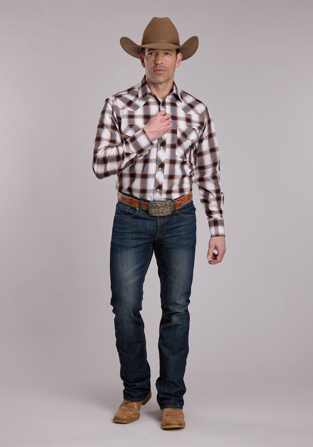 MENS ROPER WINE AND BLACK PLAID WESTERN SNAP SHIRT
