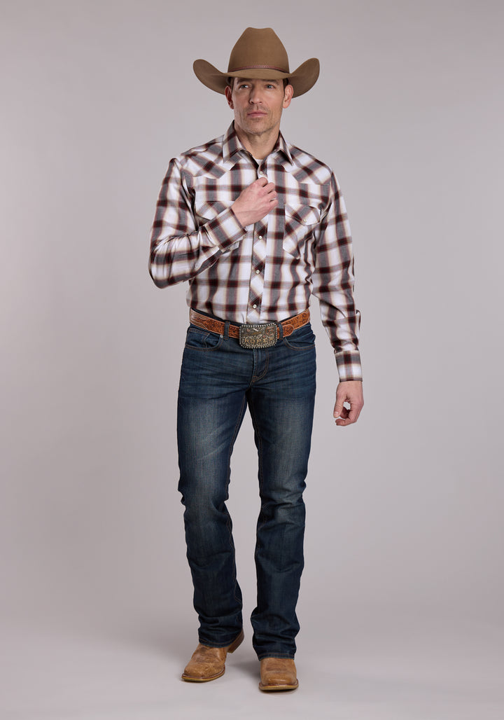 MENS ROPER WINE AND BLACK PLAID WESTERN SNAP SHIRT