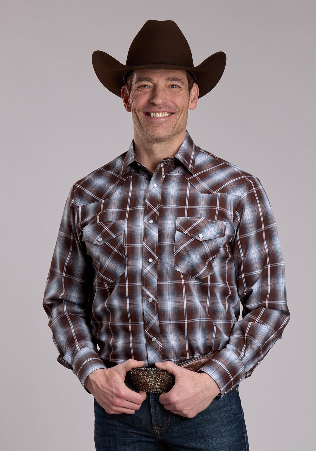 MENS ROPER CHOCOLATE DENIM BLUE AND WHITE PLAID WESTERN SNAP SHIRT