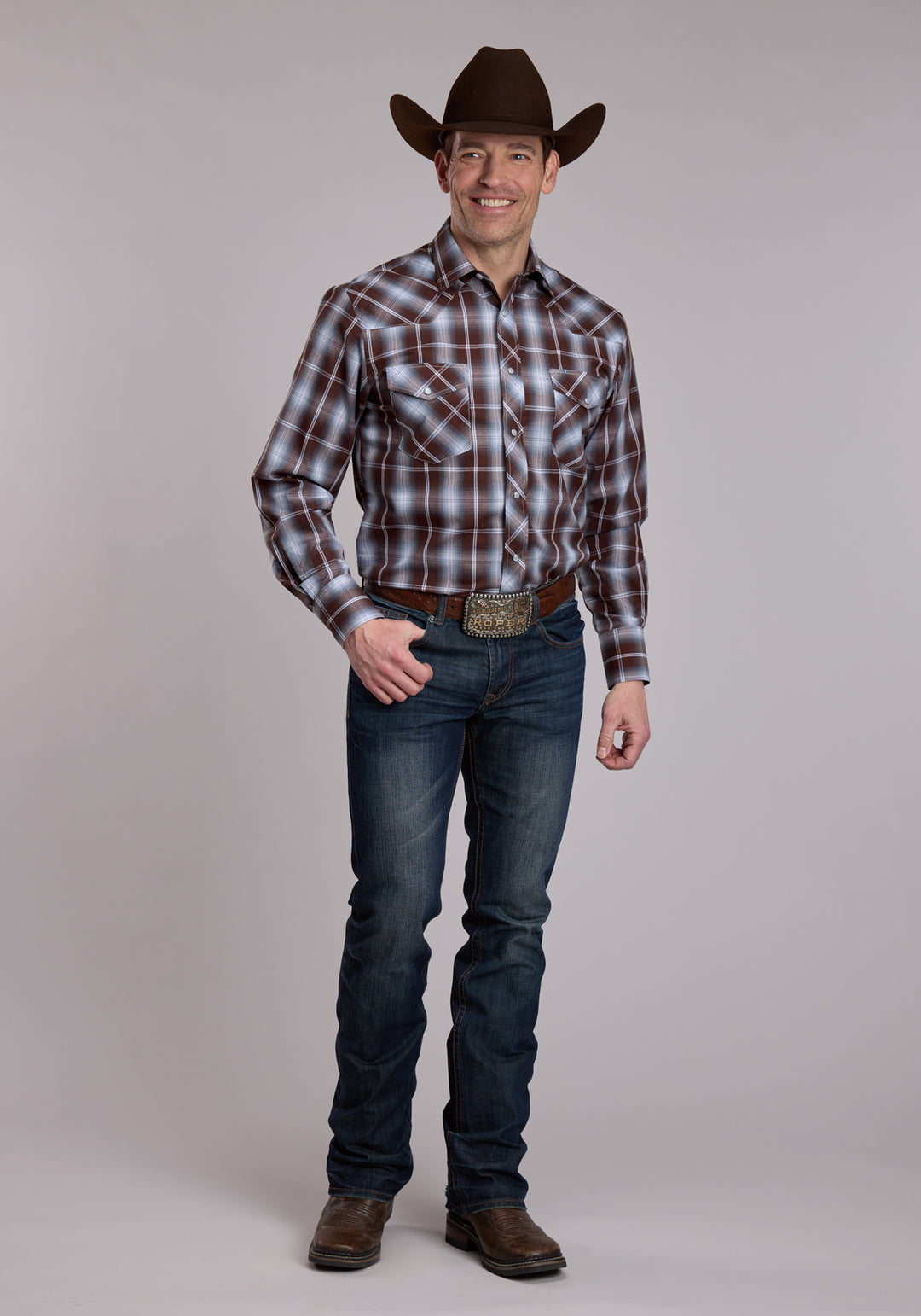 MENS ROPER CHOCOLATE DENIM BLUE AND WHITE PLAID WESTERN SNAP SHIRT