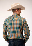 MENS LONG SLEEVE SNAP GREEN RUST TAN SMALL SCALE PLAID WESTERN SHIRT