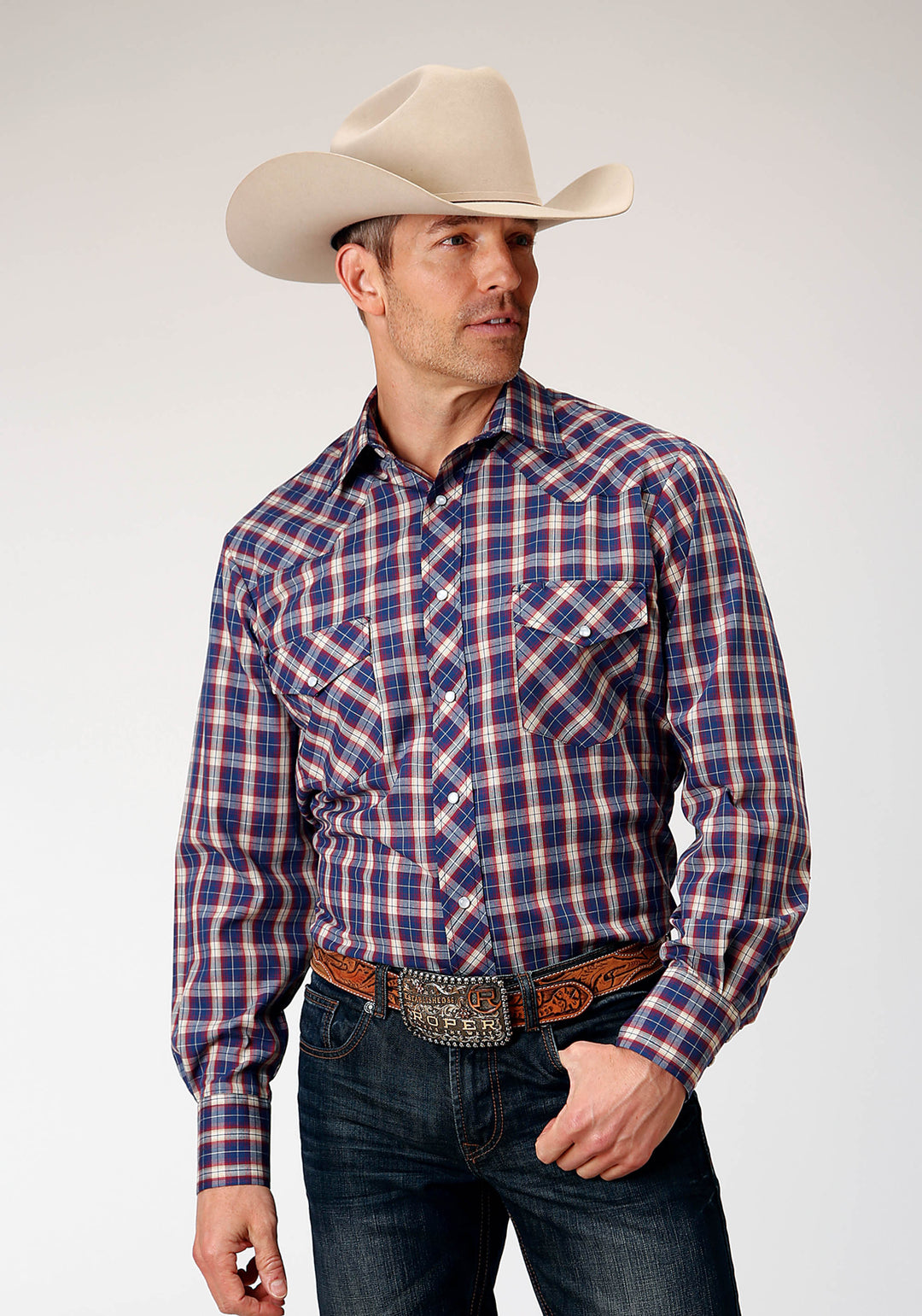 MENS LONG SLEEVE SNAP NAVY RED CREAM WINDOWPANE PLAID WESTERN SHIRT