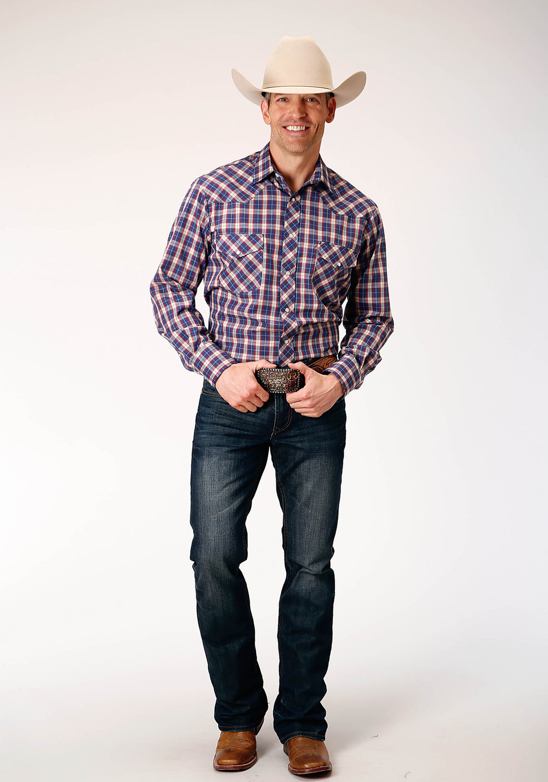 MENS LONG SLEEVE SNAP NAVY RED CREAM WINDOWPANE PLAID WESTERN SHIRT