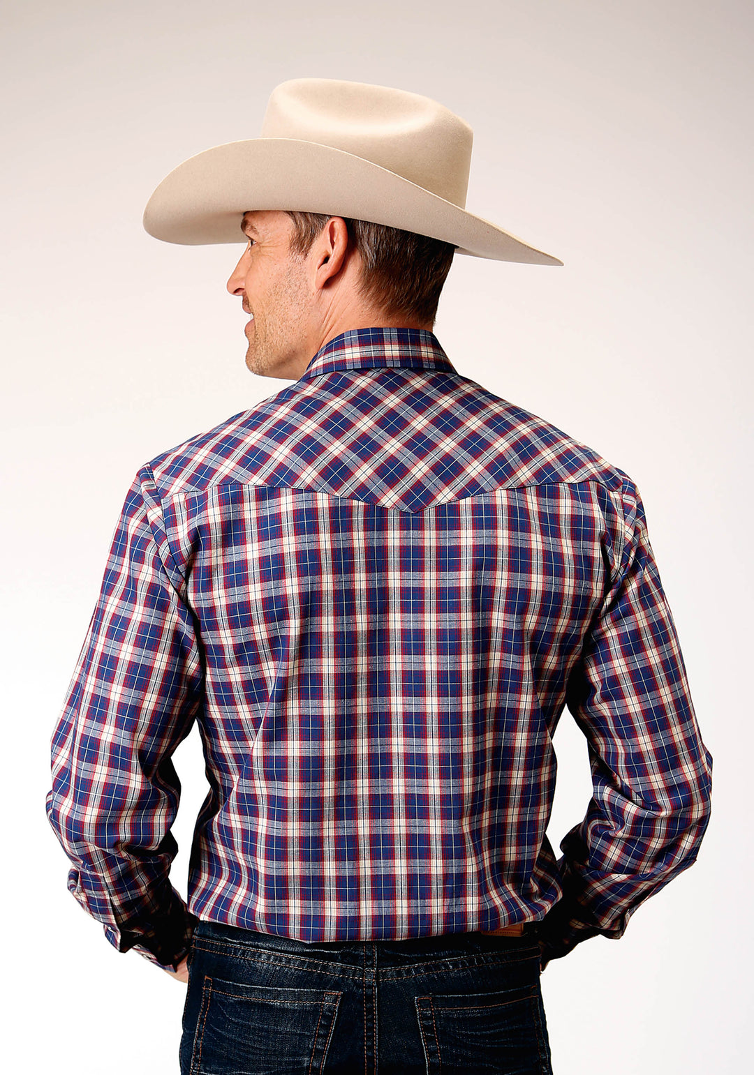 MENS LONG SLEEVE SNAP NAVY RED CREAM WINDOWPANE PLAID WESTERN SHIRT