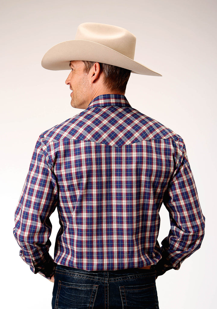 MENS LONG SLEEVE SNAP NAVY RED CREAM WINDOWPANE PLAID WESTERN SHIRT