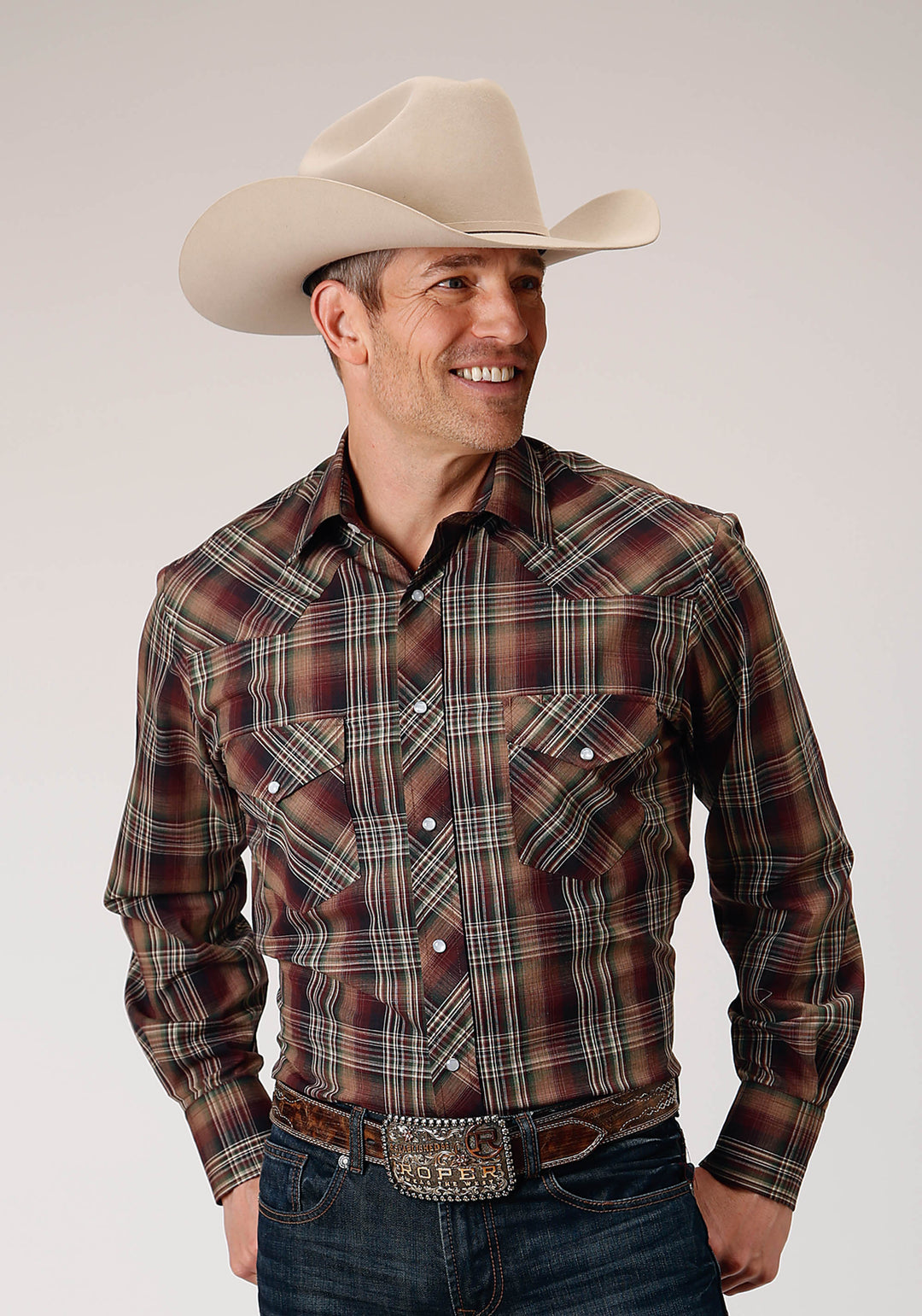 MENS LONG SLEEVE SNAP MULTI BROWN BLACK GREEN PLAID WESTERN SHIRT
