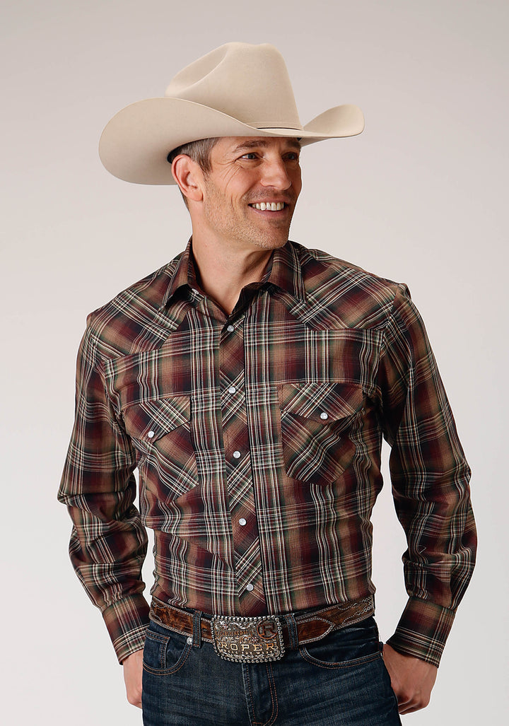 MENS LONG SLEEVE SNAP MULTI BROWN BLACK GREEN PLAID WESTERN SHIRT