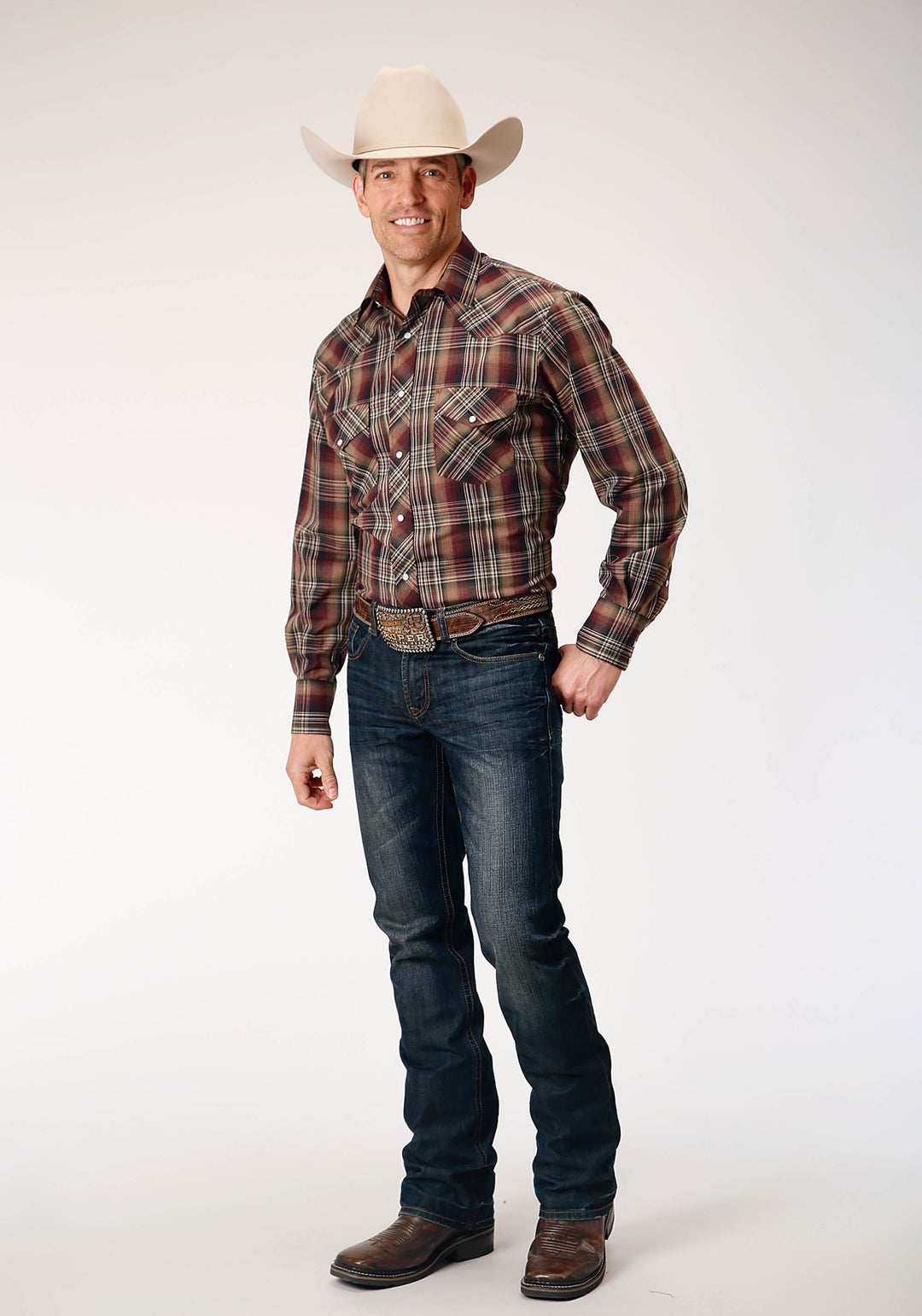 MENS LONG SLEEVE SNAP MULTI BROWN BLACK GREEN PLAID WESTERN SHIRT