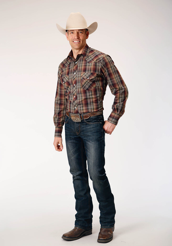 MENS LONG SLEEVE SNAP MULTI BROWN BLACK GREEN PLAID WESTERN SHIRT