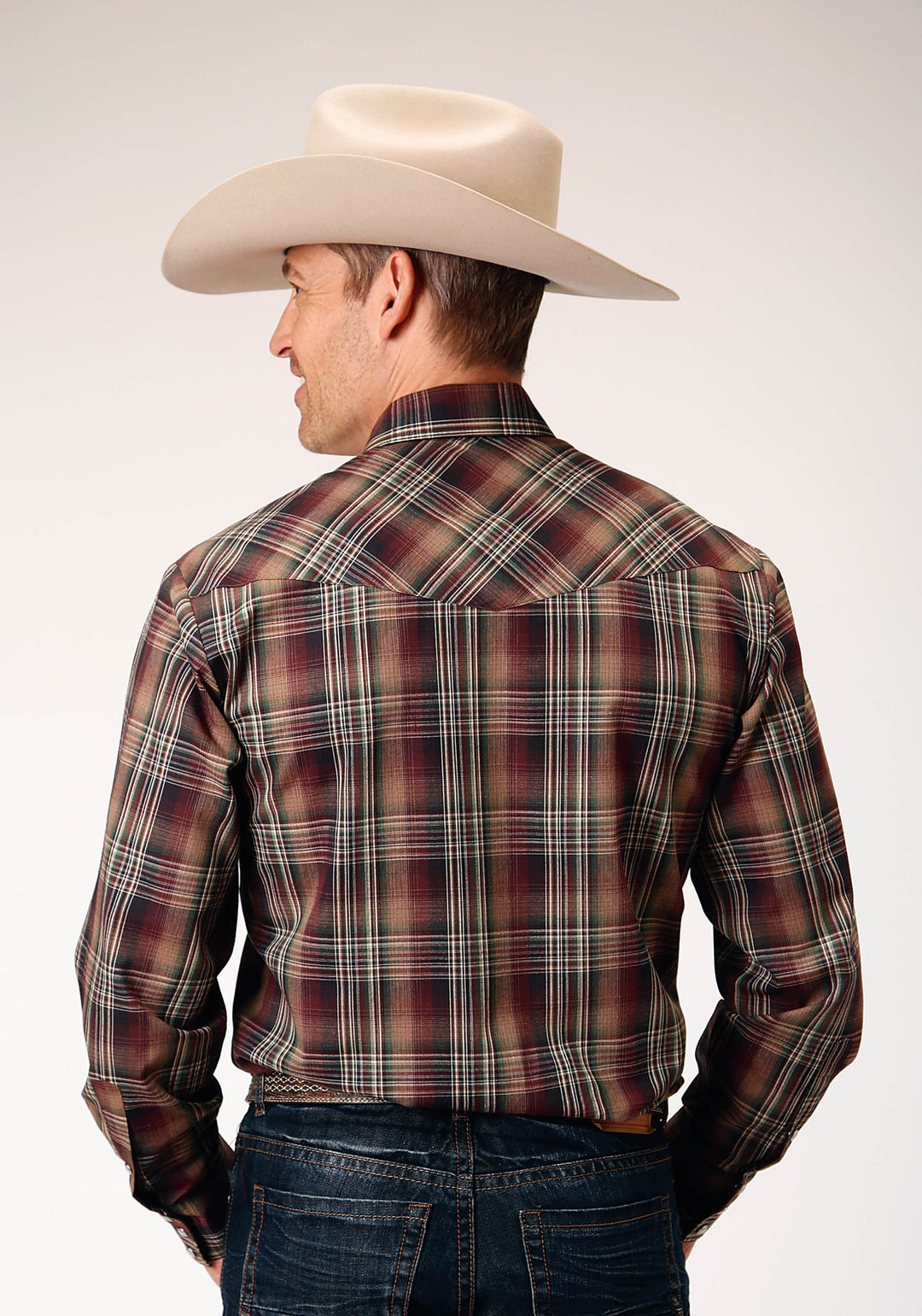 MENS LONG SLEEVE SNAP MULTI BROWN BLACK GREEN PLAID WESTERN SHIRT