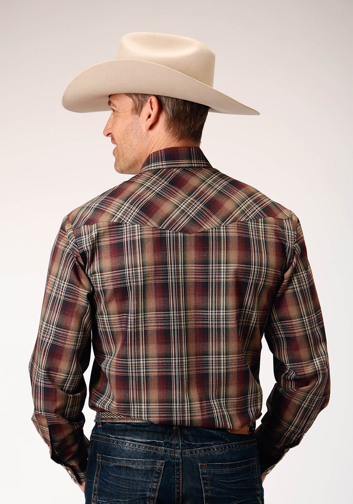 MENS LONG SLEEVE SNAP MULTI BROWN BLACK GREEN PLAID WESTERN SHIRT