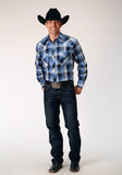 MENS LONG SLEEVE SNAP BLUE BLACK WHITE PLAID WESTERN SHIRT