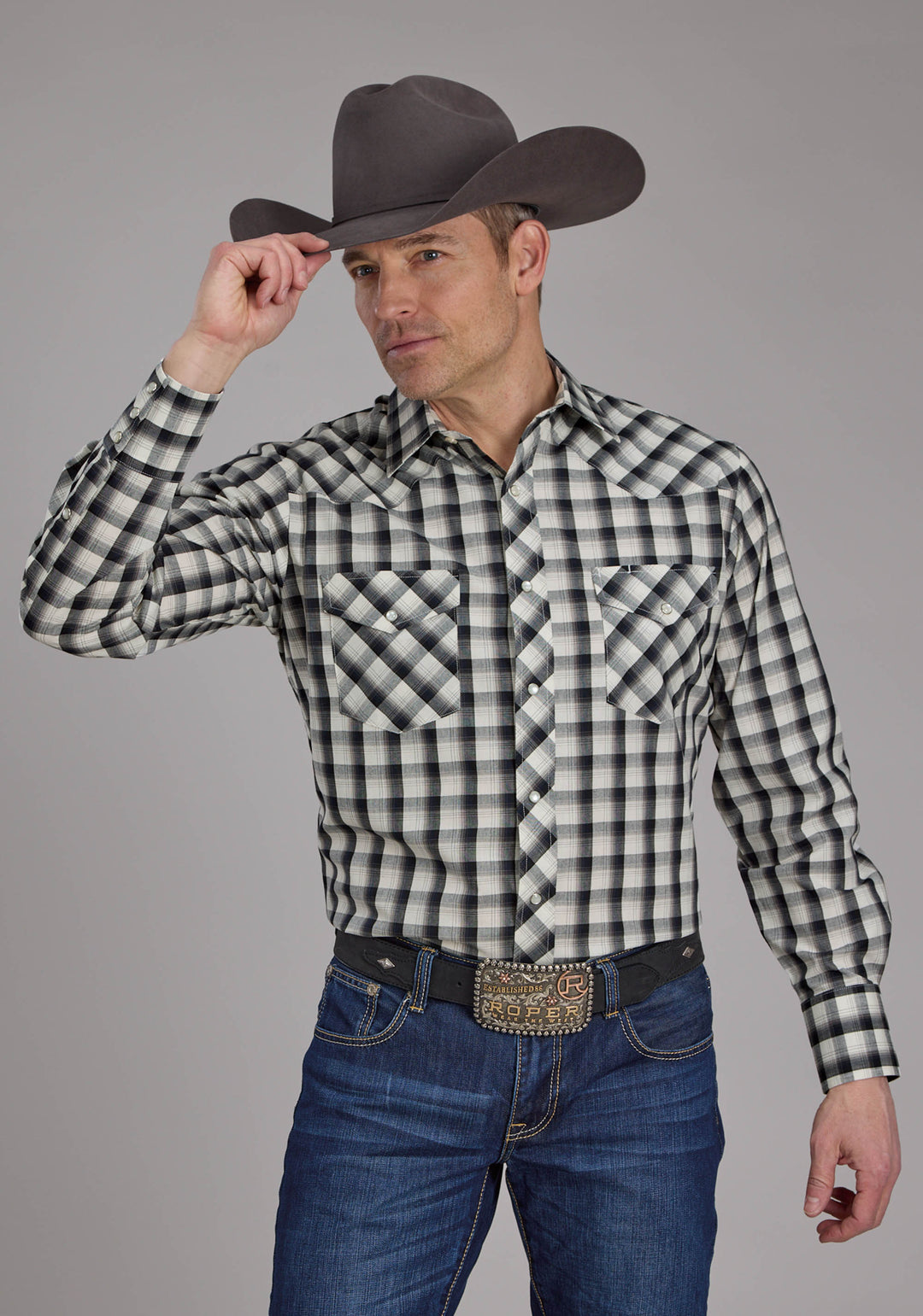 MENS BLUE BLACK AND CREAM PLAID LONG SLEEVE SNAP WESTERN SHIRT