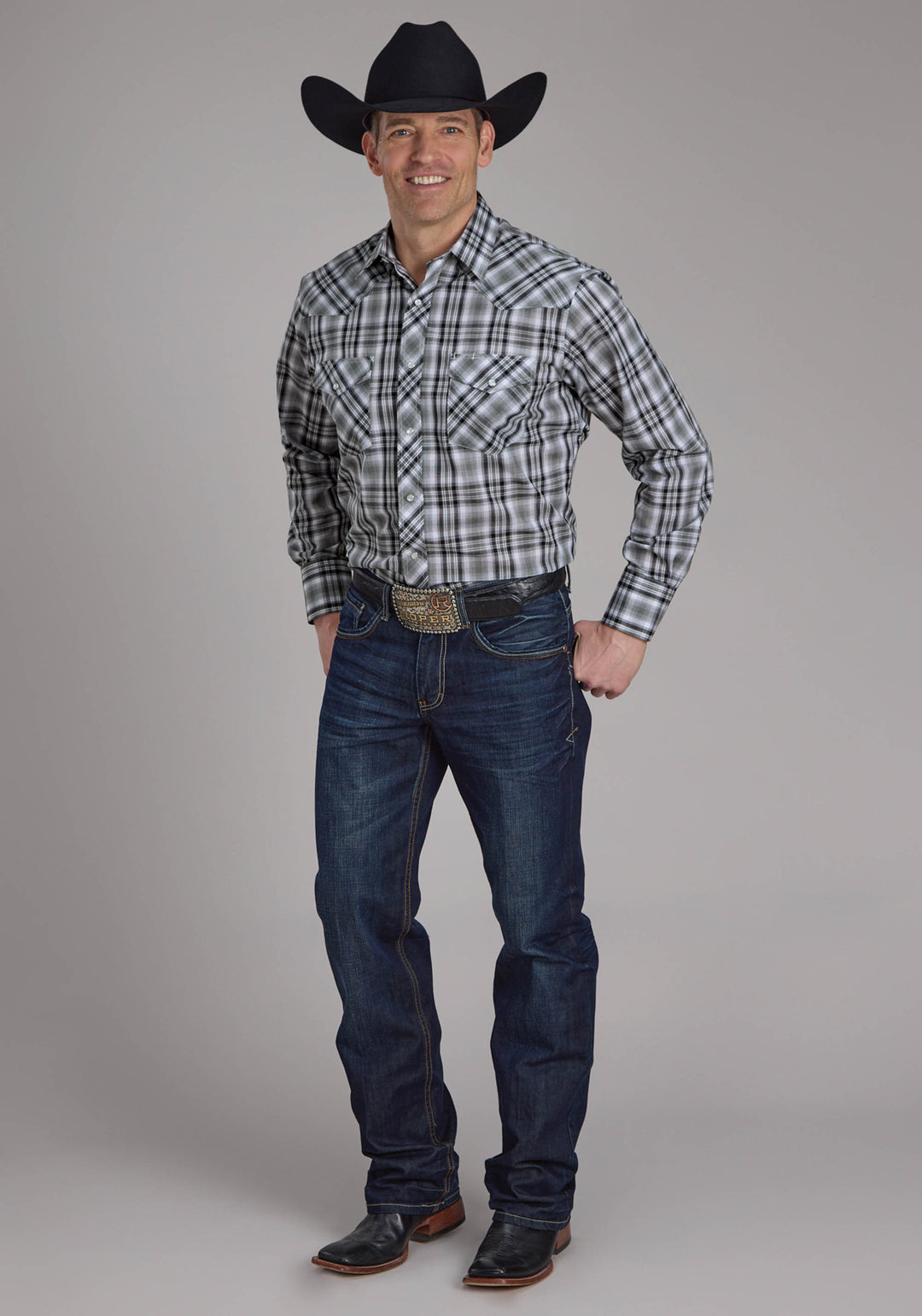 MENS GRAY BLACK AND WHITE PLAID LONG SLEEVE SNAP WESTERN SHIRT