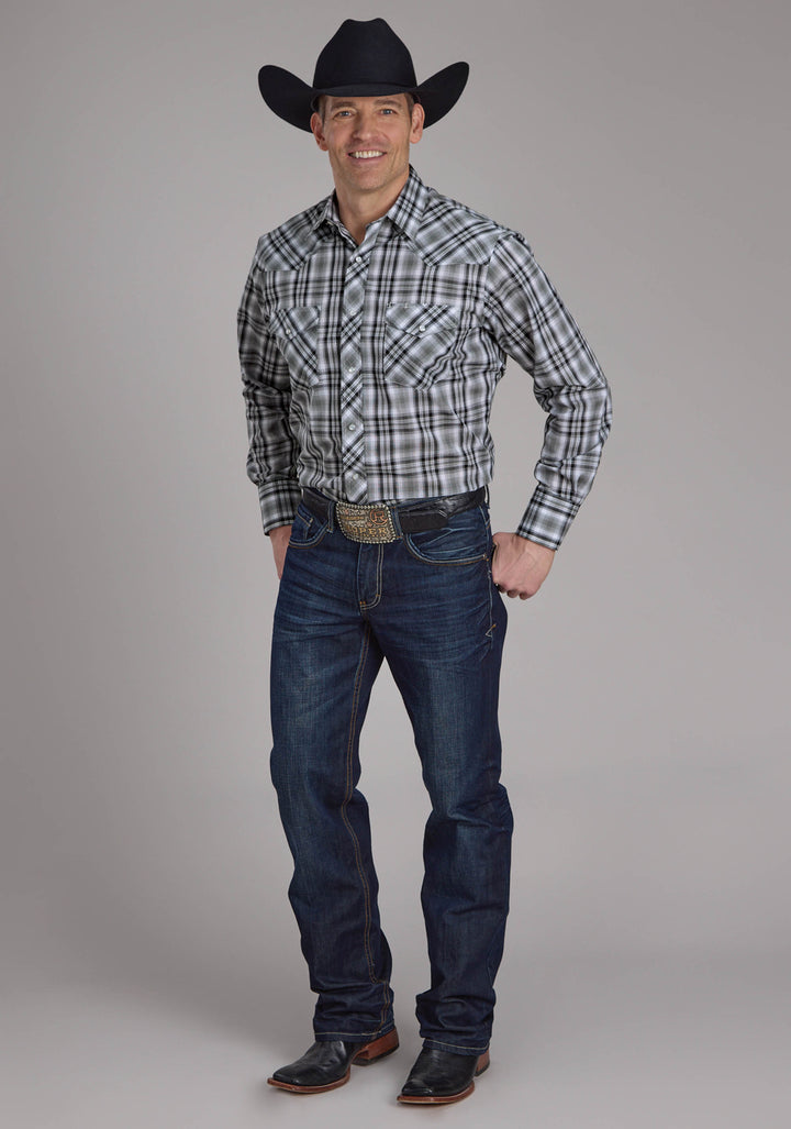 MENS GRAY BLACK AND WHITE PLAID LONG SLEEVE SNAP WESTERN SHIRT