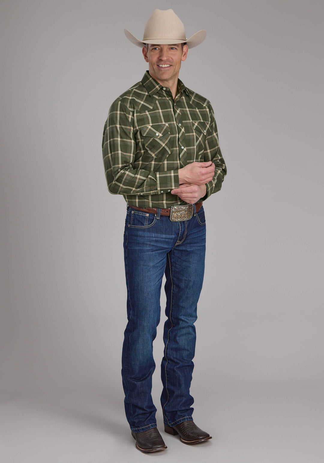 MENS OLIVE CREAM AND ORANGE PLAID LONG SLEEVE SNAP WESTERN SHIRT