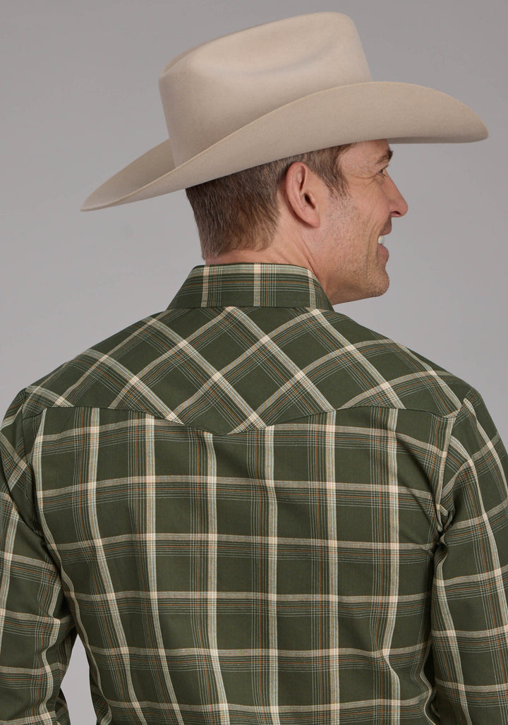 MENS OLIVE CREAM AND ORANGE PLAID LONG SLEEVE SNAP WESTERN SHIRT