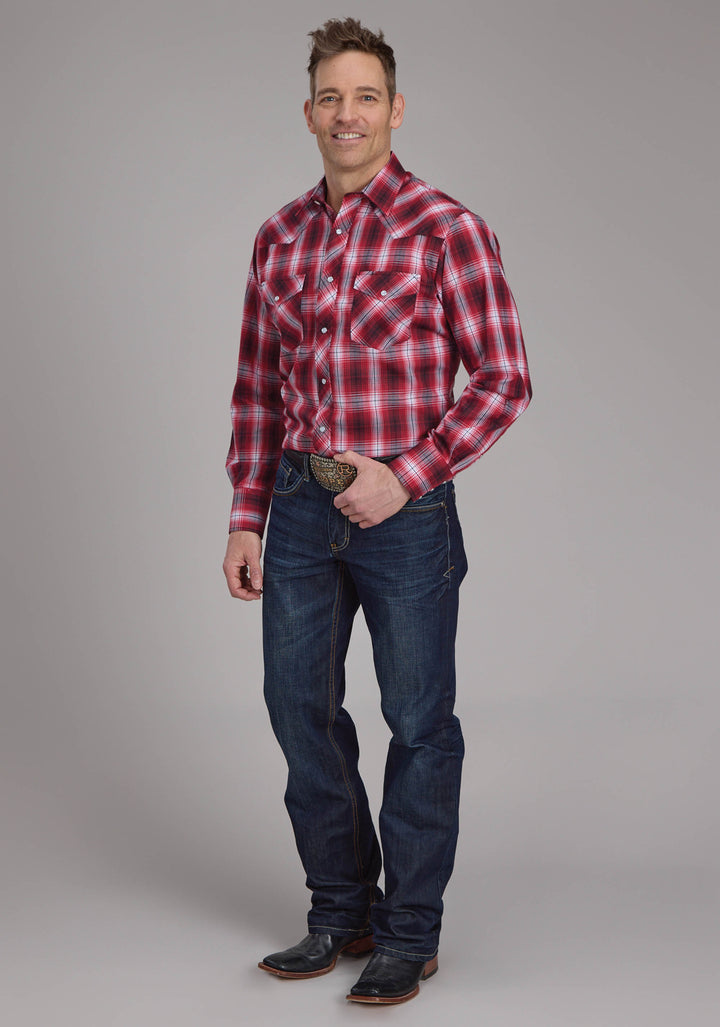 MENS RED WHITE AND BLACK PLAID LONG SLEEVE SNAP WESTERN SHIRT