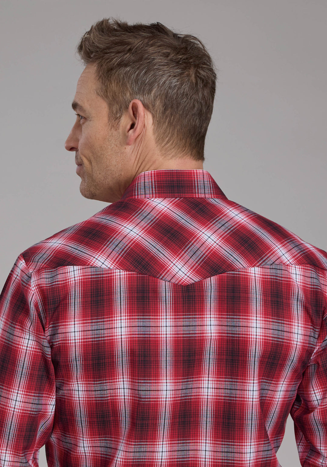 MENS RED WHITE AND BLACK PLAID LONG SLEEVE SNAP WESTERN SHIRT