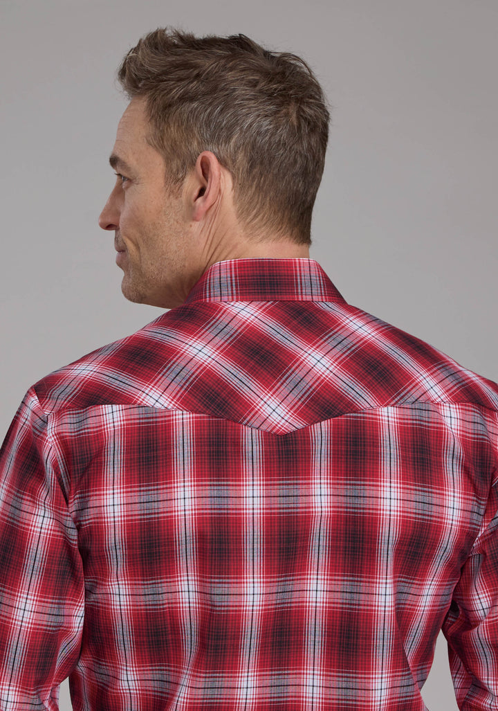 MENS RED WHITE AND BLACK PLAID LONG SLEEVE SNAP WESTERN SHIRT