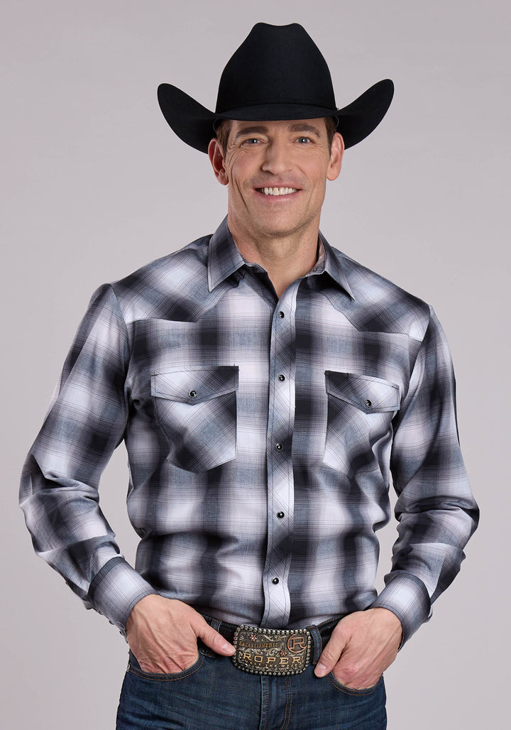 MENS LONG SLEEVE SNAP BLACK GREY WHITE PLAID WESTERN SHIRT