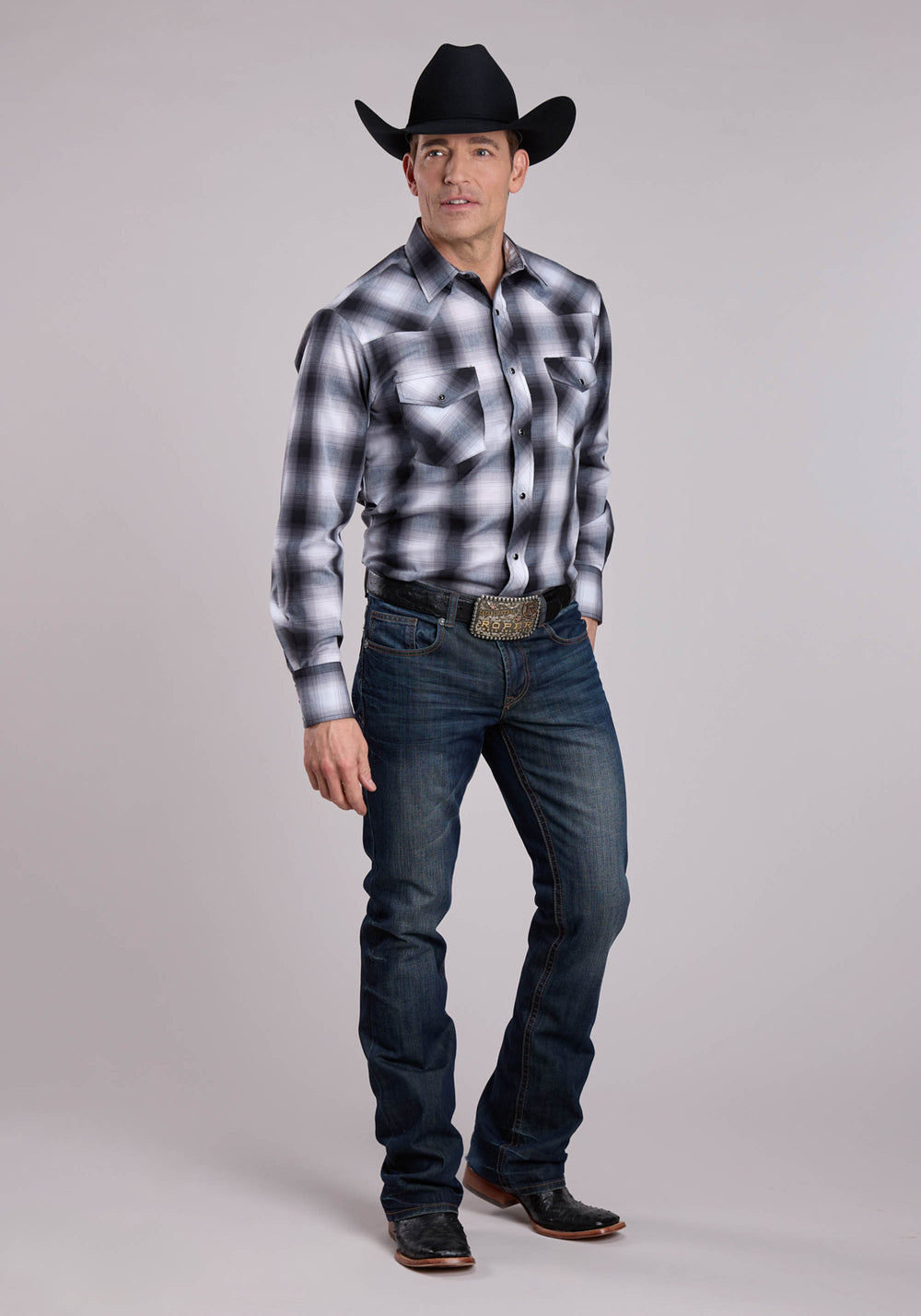 MENS LONG SLEEVE SNAP BLACK GREY WHITE PLAID WESTERN SHIRT