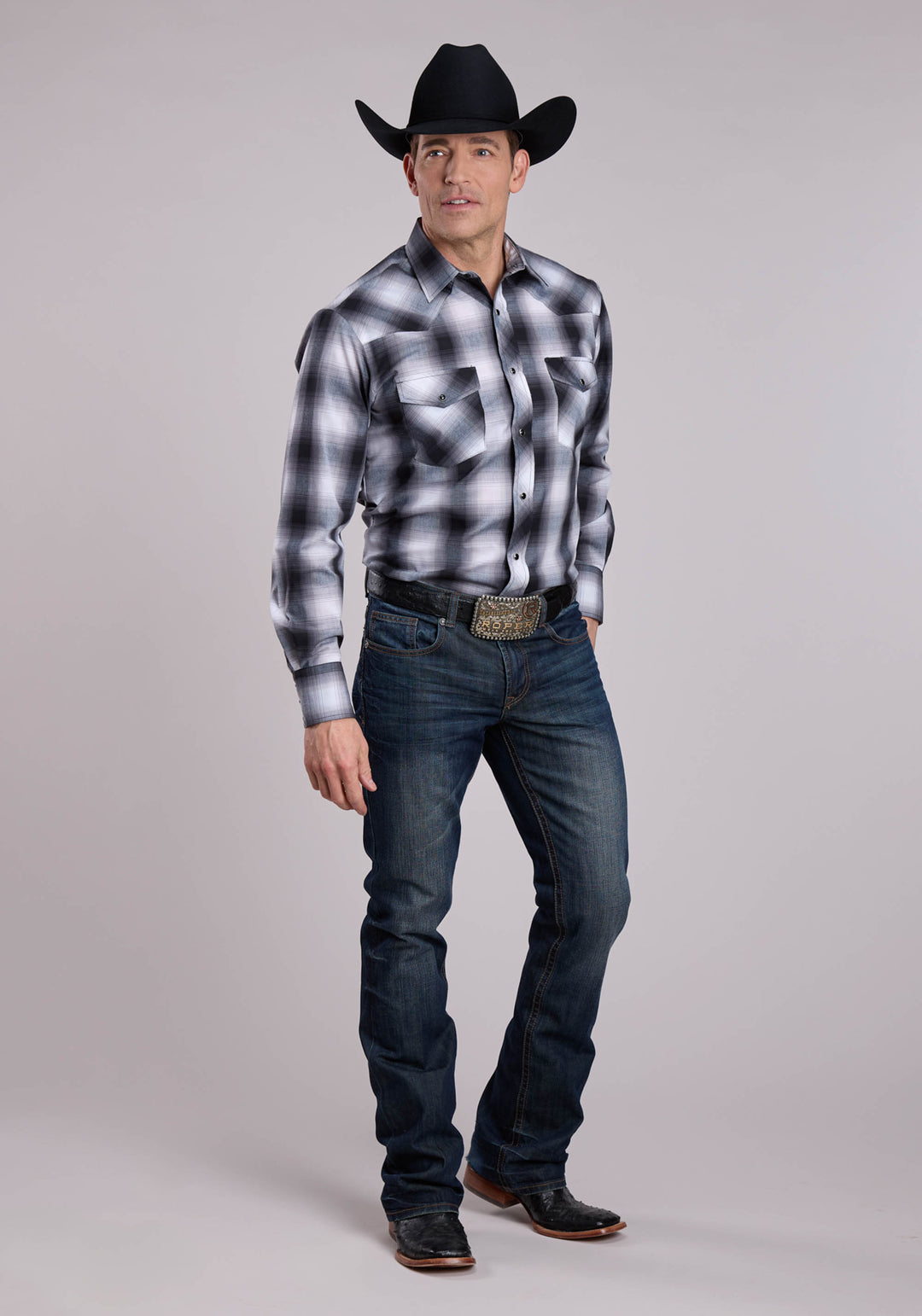 MENS LONG SLEEVE SNAP BLACK GREY WHITE PLAID WESTERN SHIRT