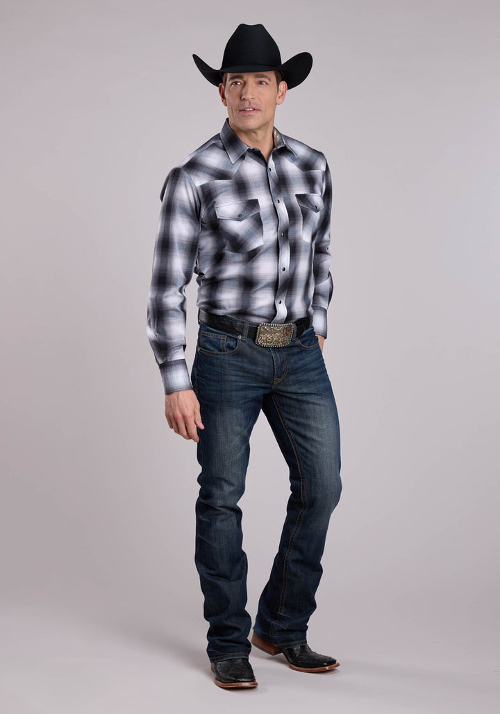 MENS LONG SLEEVE SNAP BLACK GREY WHITE PLAID WESTERN SHIRT