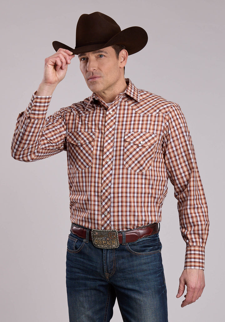 MENS LONG SLEEVE SNAP BROWN CREAM PLAID WESTERN SHIRT