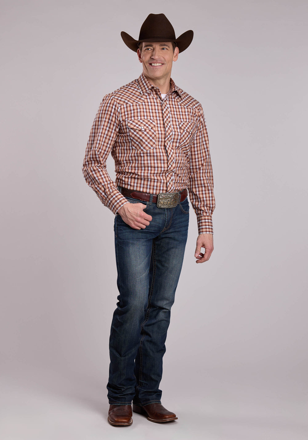 MENS LONG SLEEVE SNAP BROWN CREAM PLAID WESTERN SHIRT